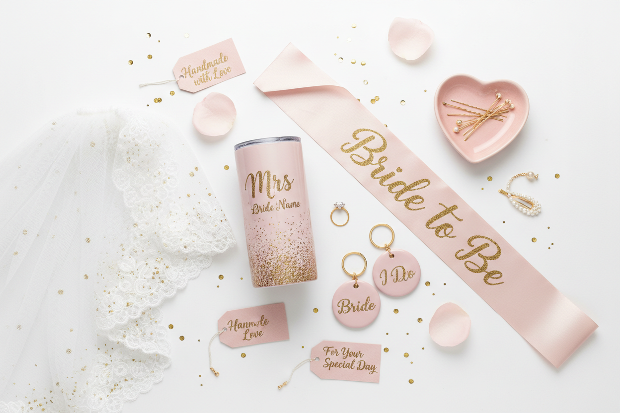 Custom rhinestone and glitter Bride tumbler in white, gold, and blush pink