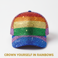 Fully rhinestone-encrusted baseball cap in all six Pride rainbow crystal colors