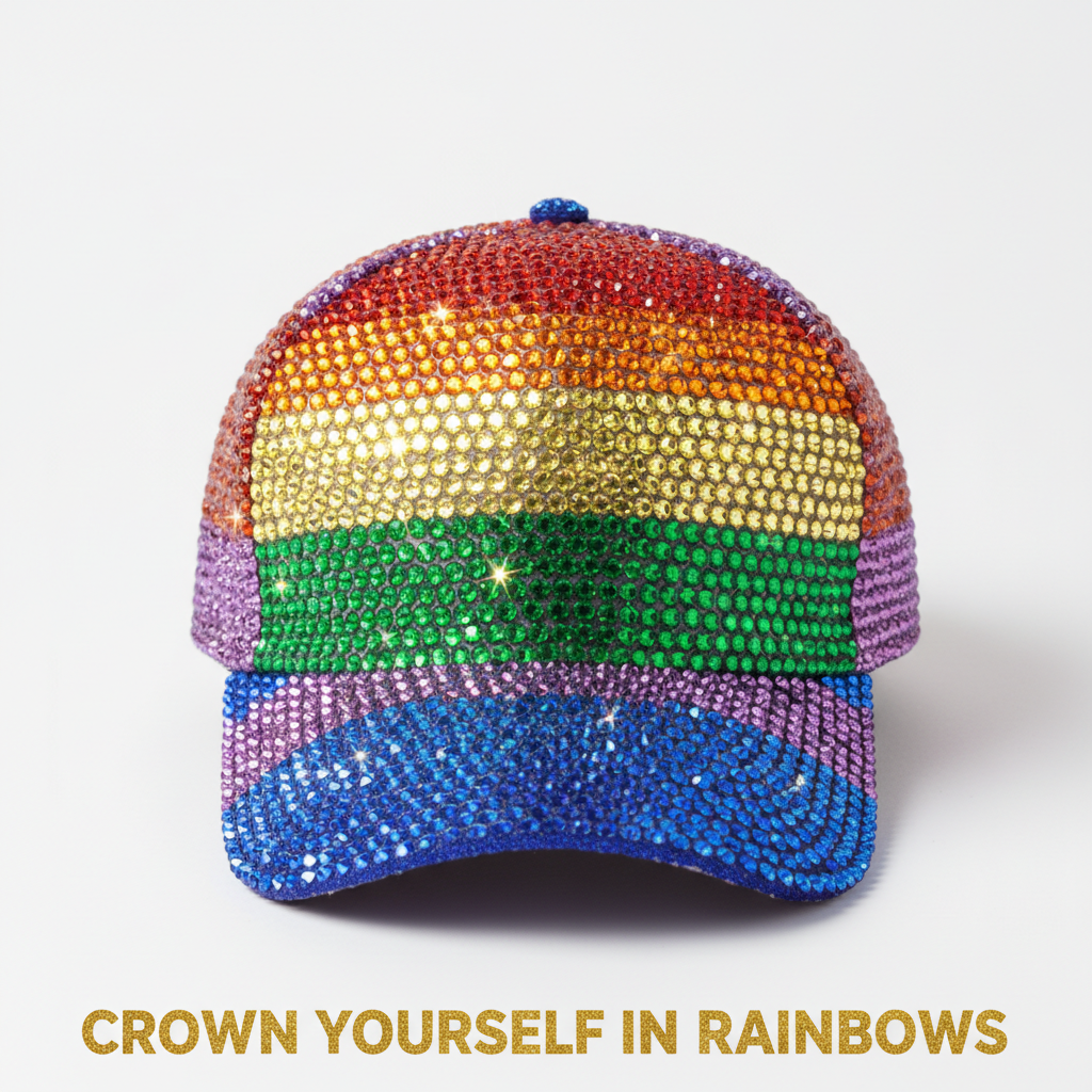 Fully rhinestone-encrusted baseball cap in all six Pride rainbow crystal colors