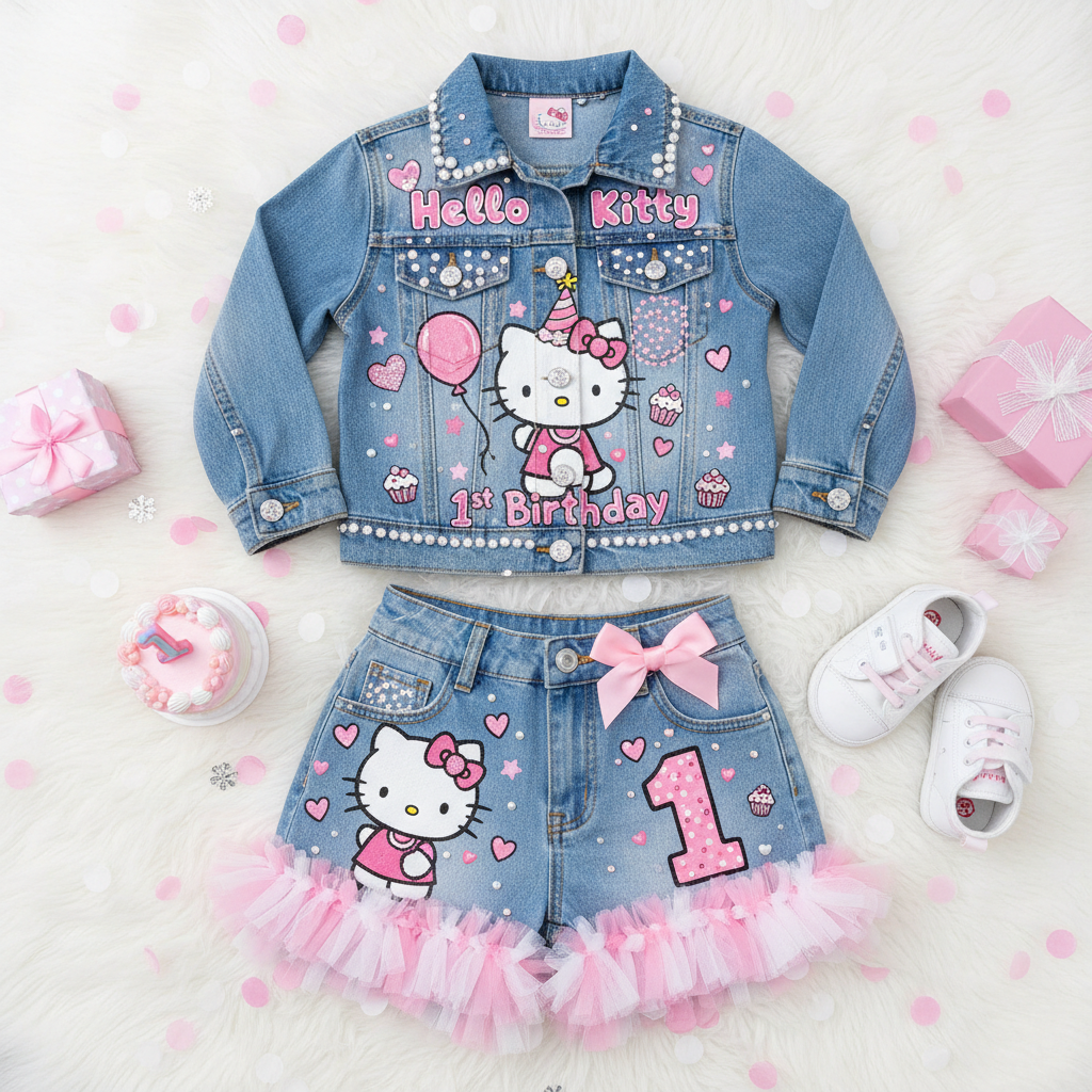 Hello Kitty 1st Birthday Painted Denim Set