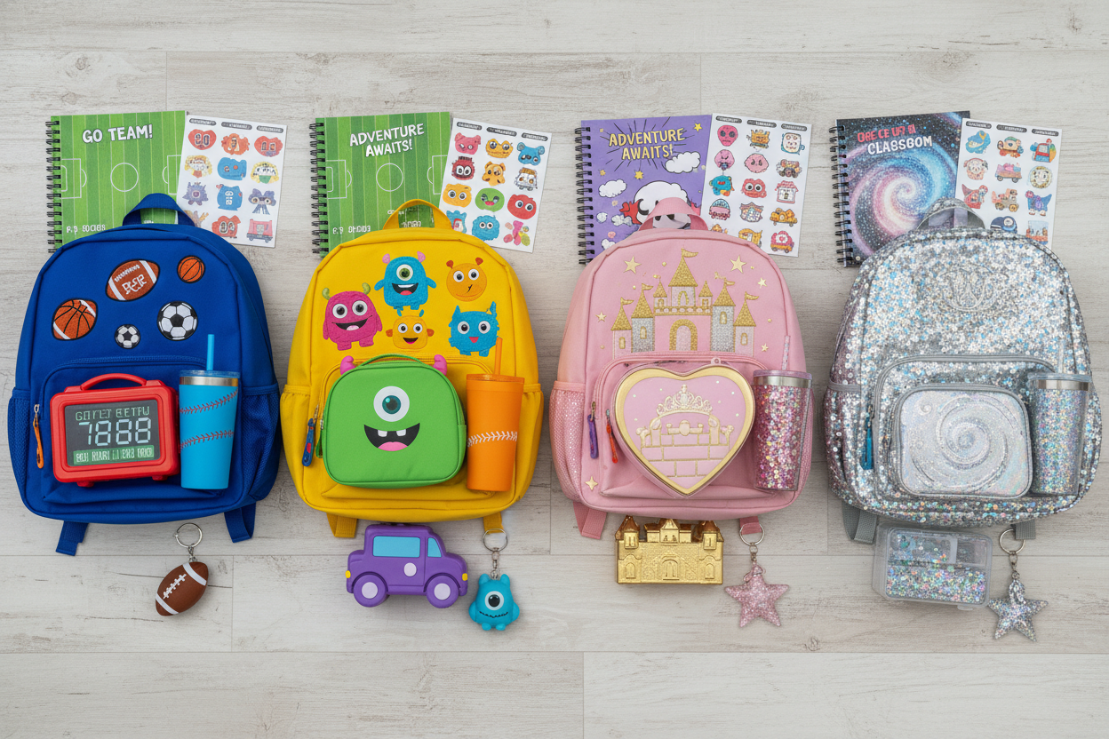 Complete coordinated personalized back-to-school bundle with backpack, lunchbox, pencil box, notebook, tumbler, keychain, and name labels