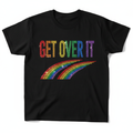 Bold Pride graphic tee with Get Over It in rhinestone glitter lettering and rainbow accent details