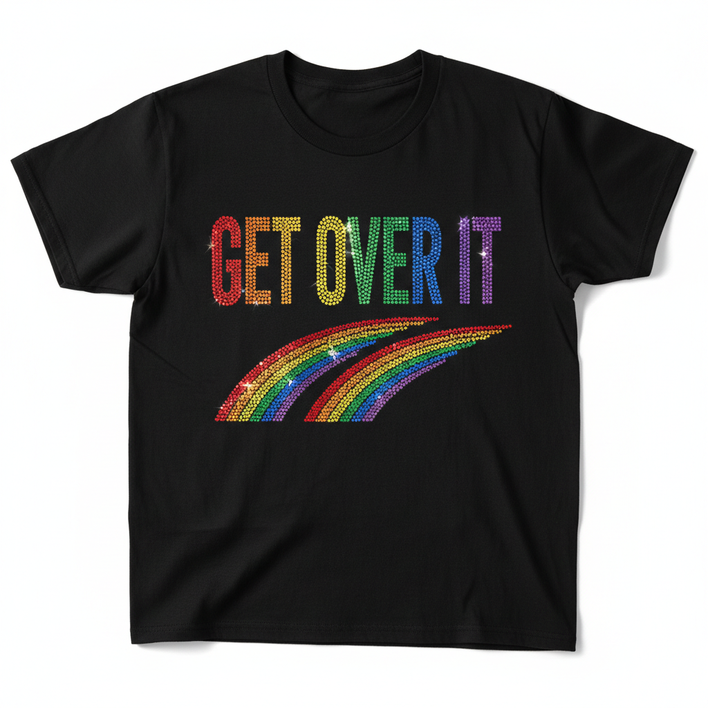 Bold Pride graphic tee with Get Over It in rhinestone glitter lettering and rainbow accent details