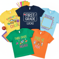 Custom first day of school shirts for kids in multiple grade-level designs