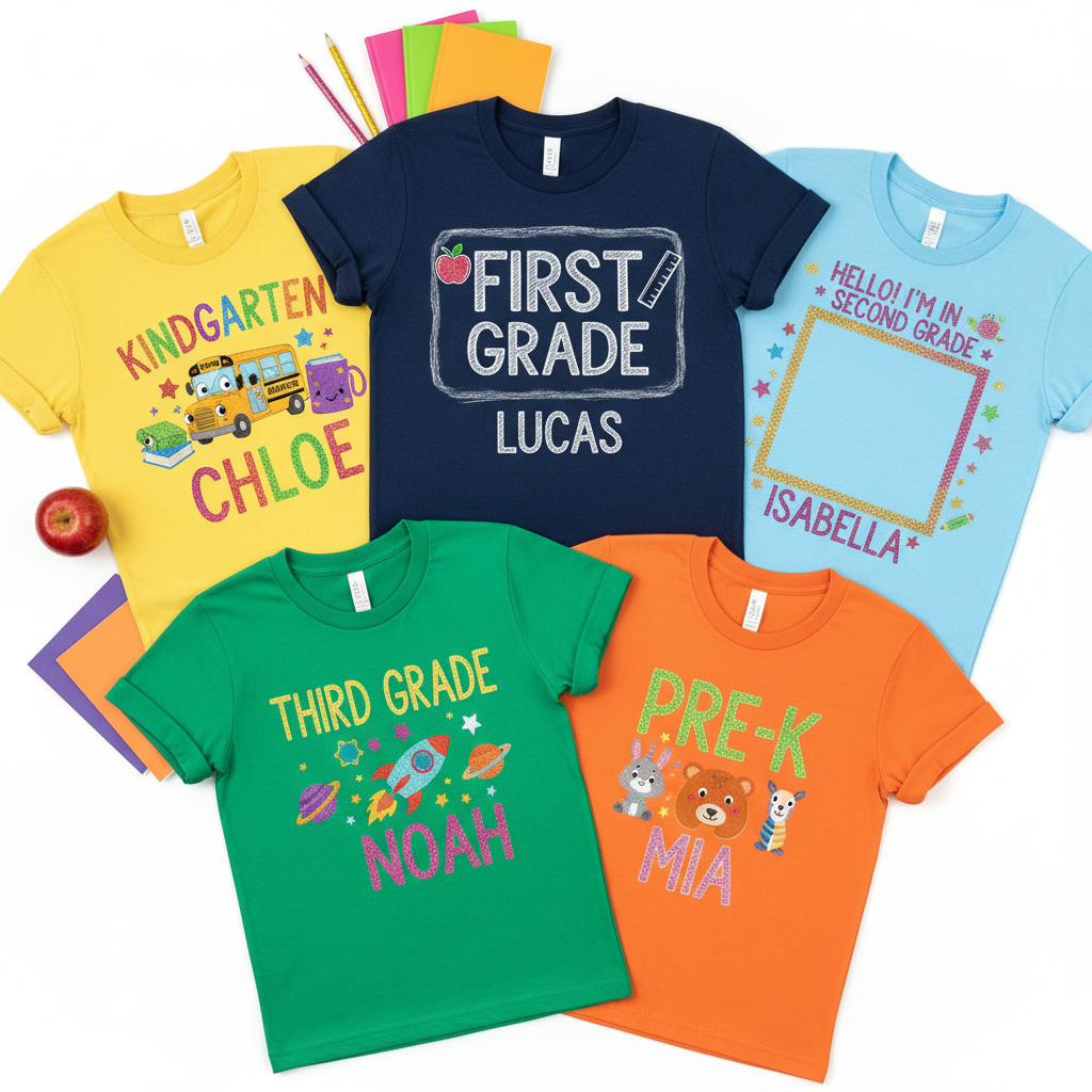 Custom first day of school shirts for kids in multiple grade-level designs