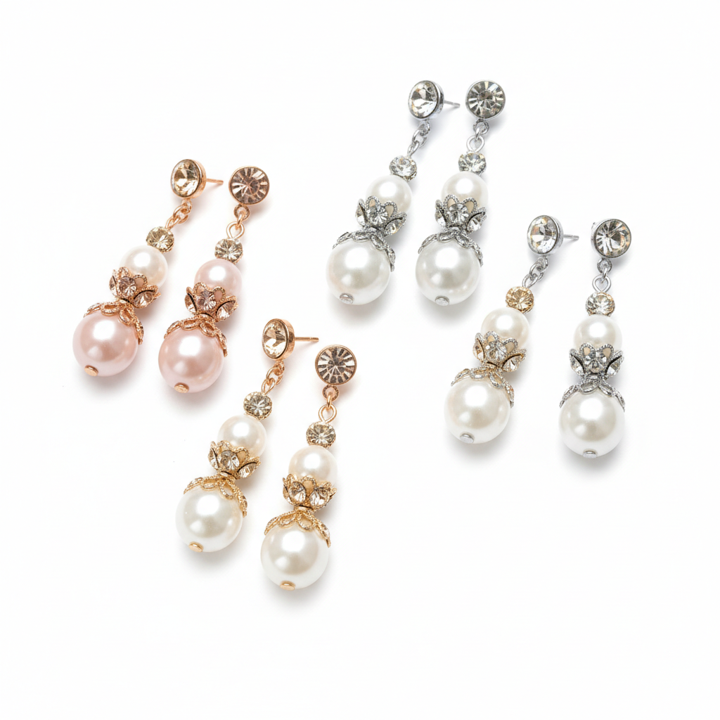 Handcrafted bridesmaid drop earrings with pearl and rhinestone crystals in rose gold, silver and champagne