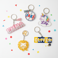 Personalized custom acrylic name keychains for kids in multiple themes