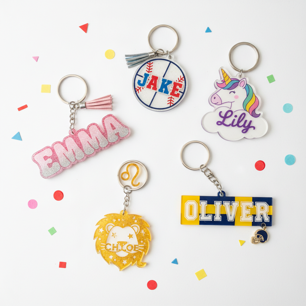 Personalized custom acrylic name keychains for kids in multiple themes