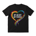 Pride graphic tee with My Heart My Choice in rhinestone lettering and bold rainbow accent design