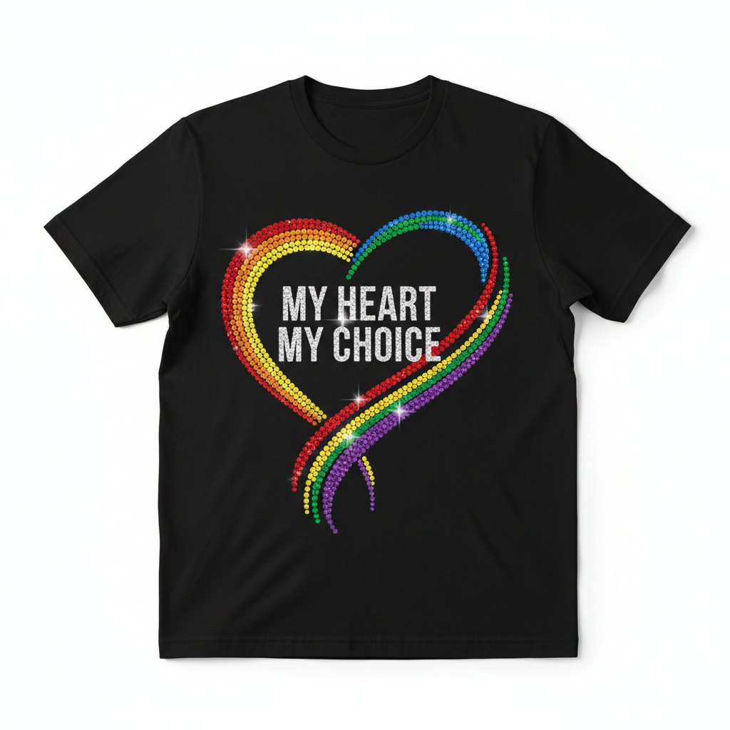 Pride graphic tee with My Heart My Choice in rhinestone lettering and bold rainbow accent design