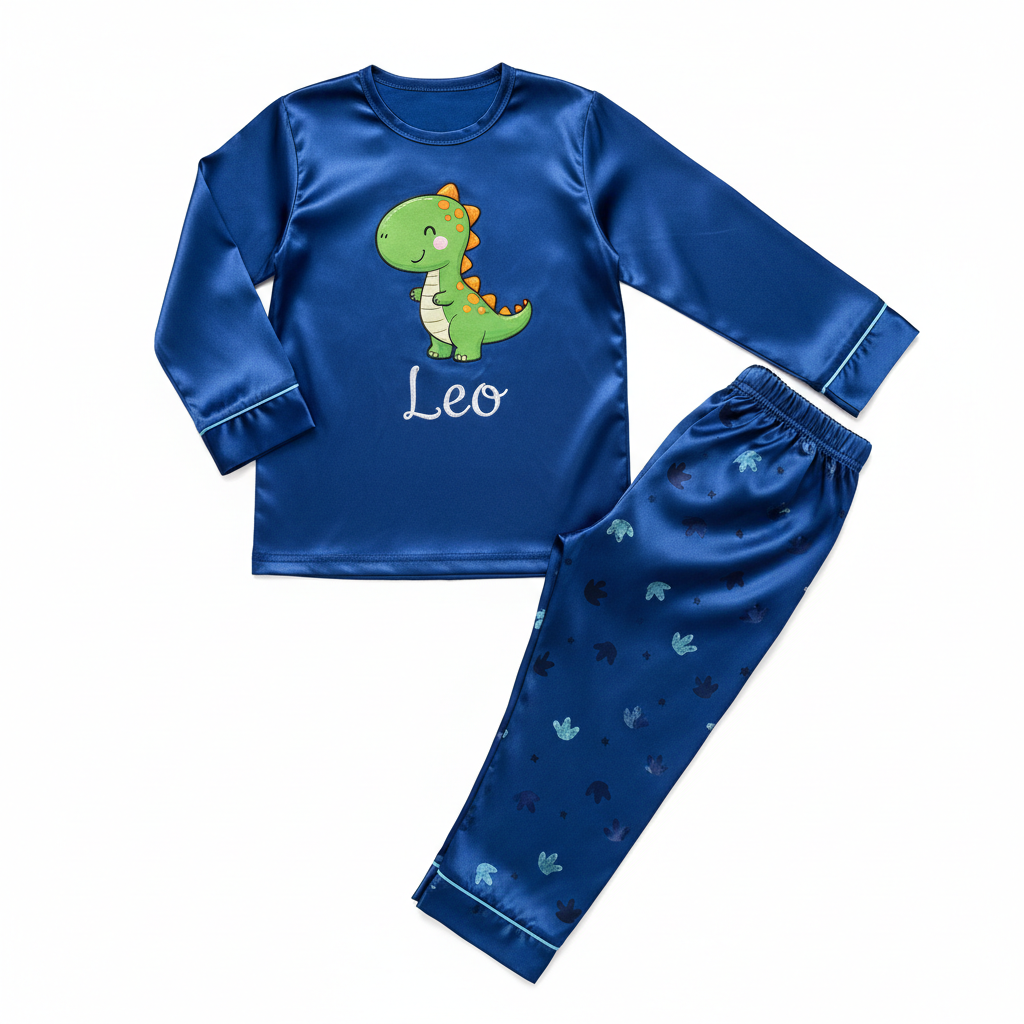 Boys Blue Silky Pajama Set with Dinosaur