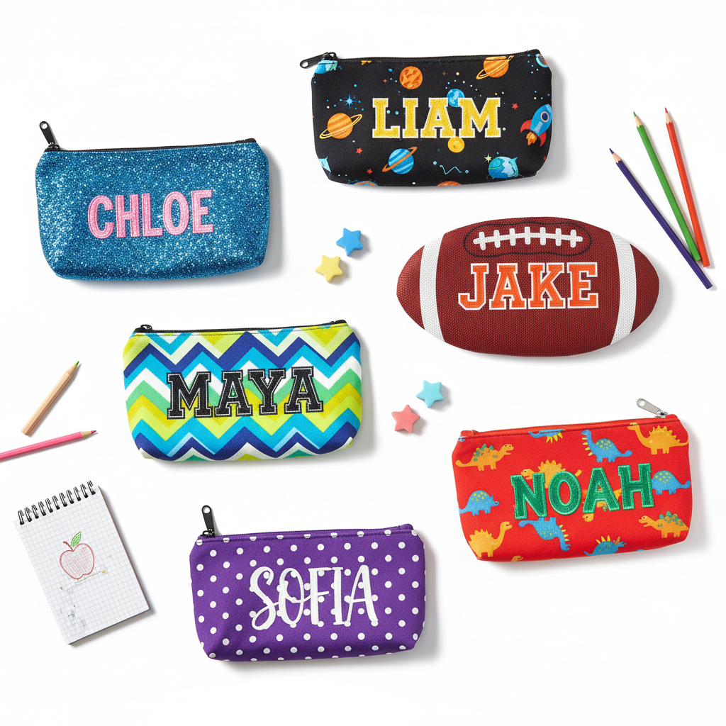 Personalized custom pencil pouches for kids in multiple themes and colors