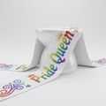 White satin Pride sash with bold rainbow glitter lettering