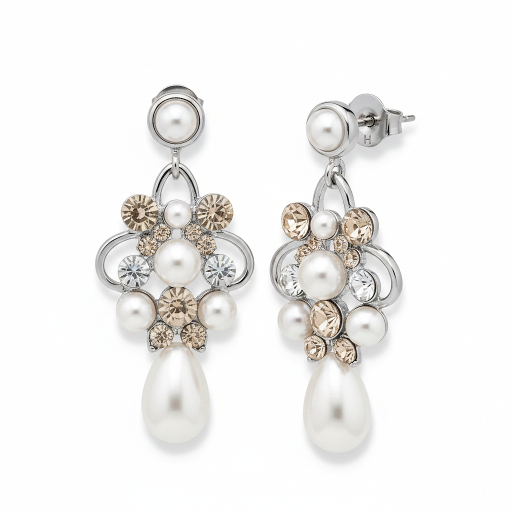 Handcrafted bridal drop earrings with pearl and rhinestone crystals in white, silver, and champagne