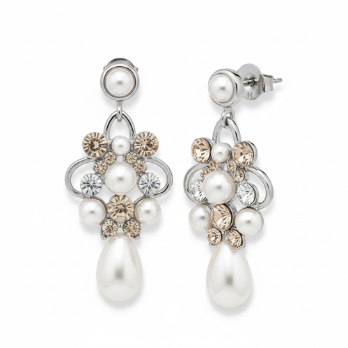 Handcrafted bridal drop earrings with pearl and rhinestone crystals in white, silver, and champagne