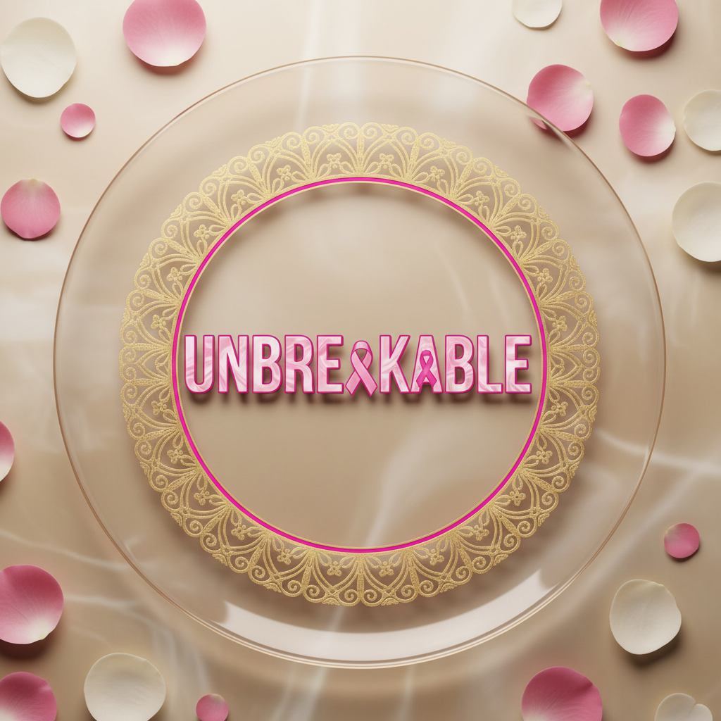 Unbreakable glass plate with circular design in pink and white marble letters