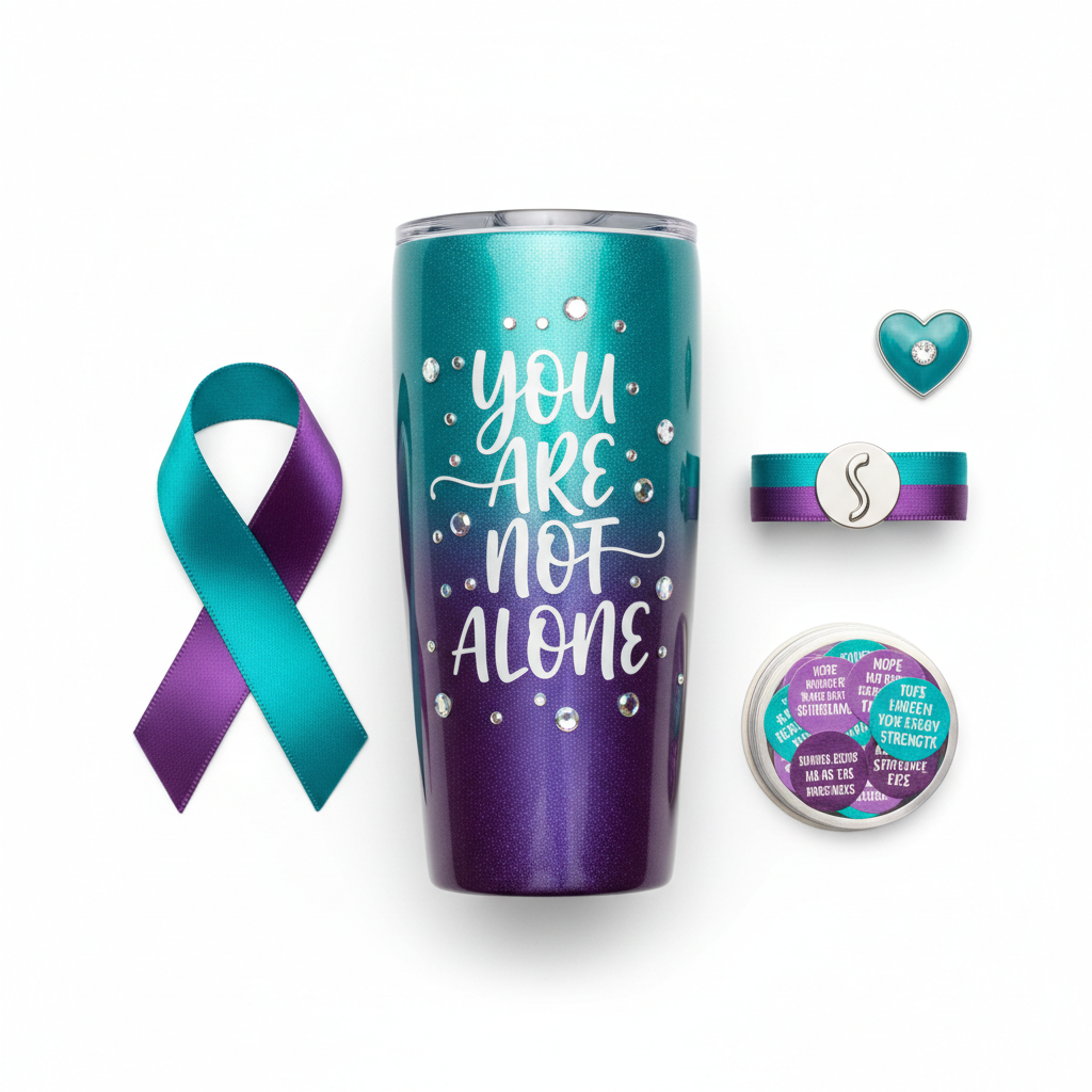 Suicide Prevention Awareness Tumbler - teal and purple ribbon