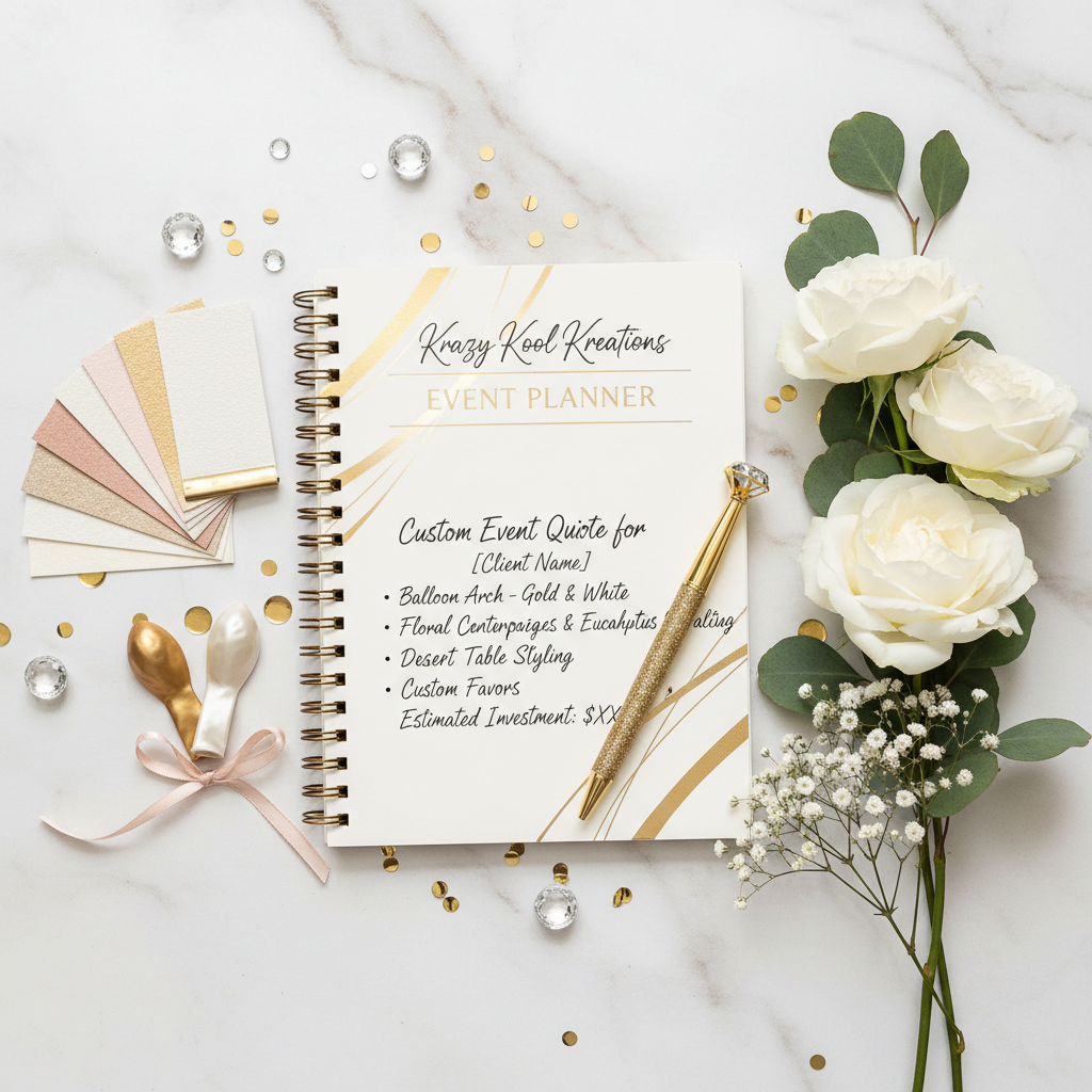 Krazy Kool Custom Event Quote planning flat lay with notebook and color swatches