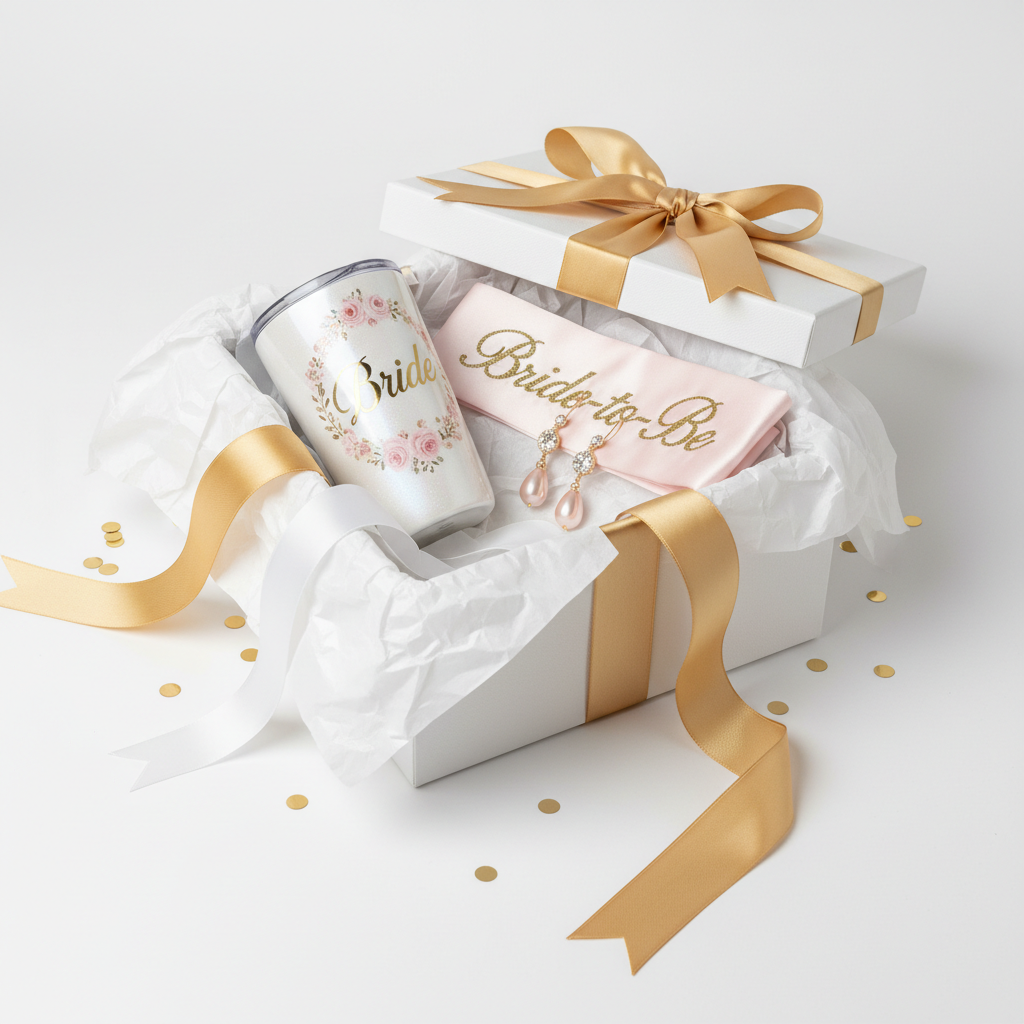 Luxury bridal gift set with tumbler, earrings, and sash in a keepsake gift box with white tissue and satin ribbon