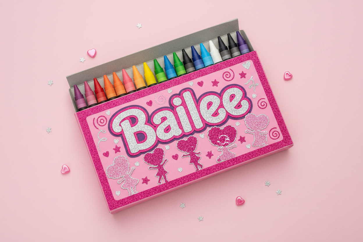 Personalized Barbie-themed crayon box with afro puff silhouette girls design for Bailee