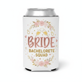 Custom Bride neoprene koozie with bridal design in white, gold, blush pink, and rose gold