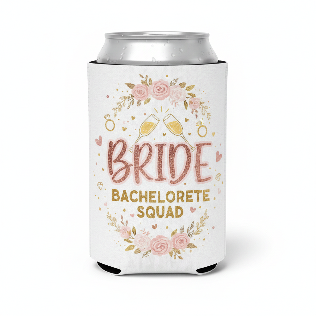 Custom Bride neoprene koozie with bridal design in white, gold, blush pink, and rose gold
