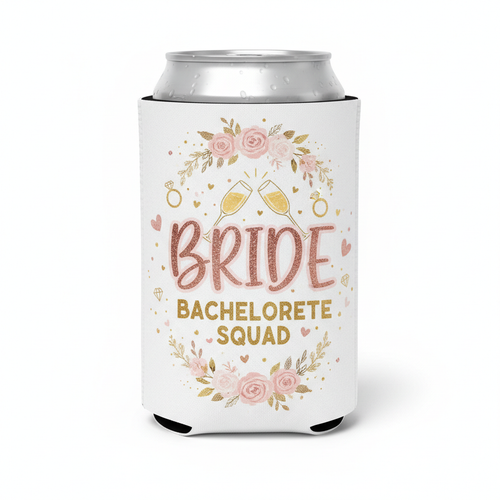 Custom Bride neoprene koozie with bridal design in white, gold, blush pink, and rose gold