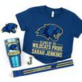 Custom school spirit items including personalized shirts, tumblers, decals and accessories