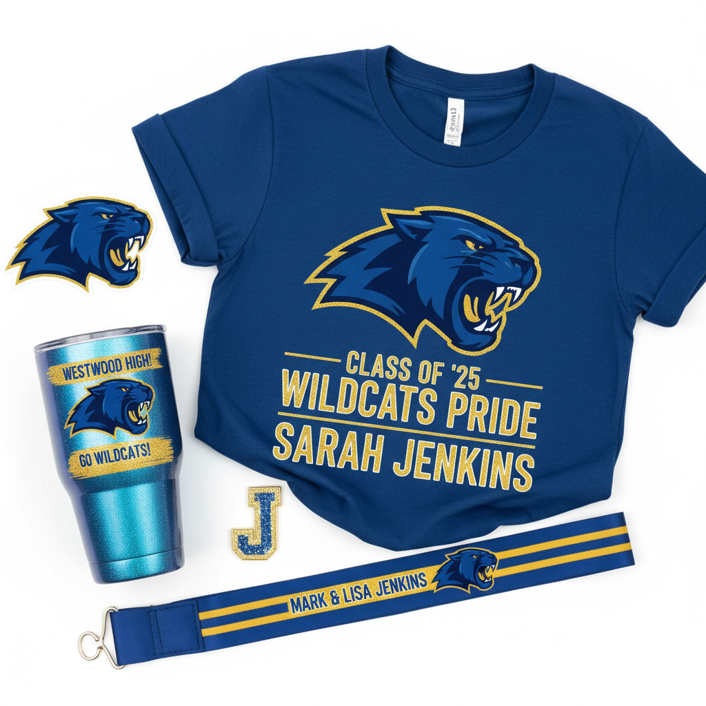 Custom school spirit items including personalized shirts, tumblers, decals and accessories