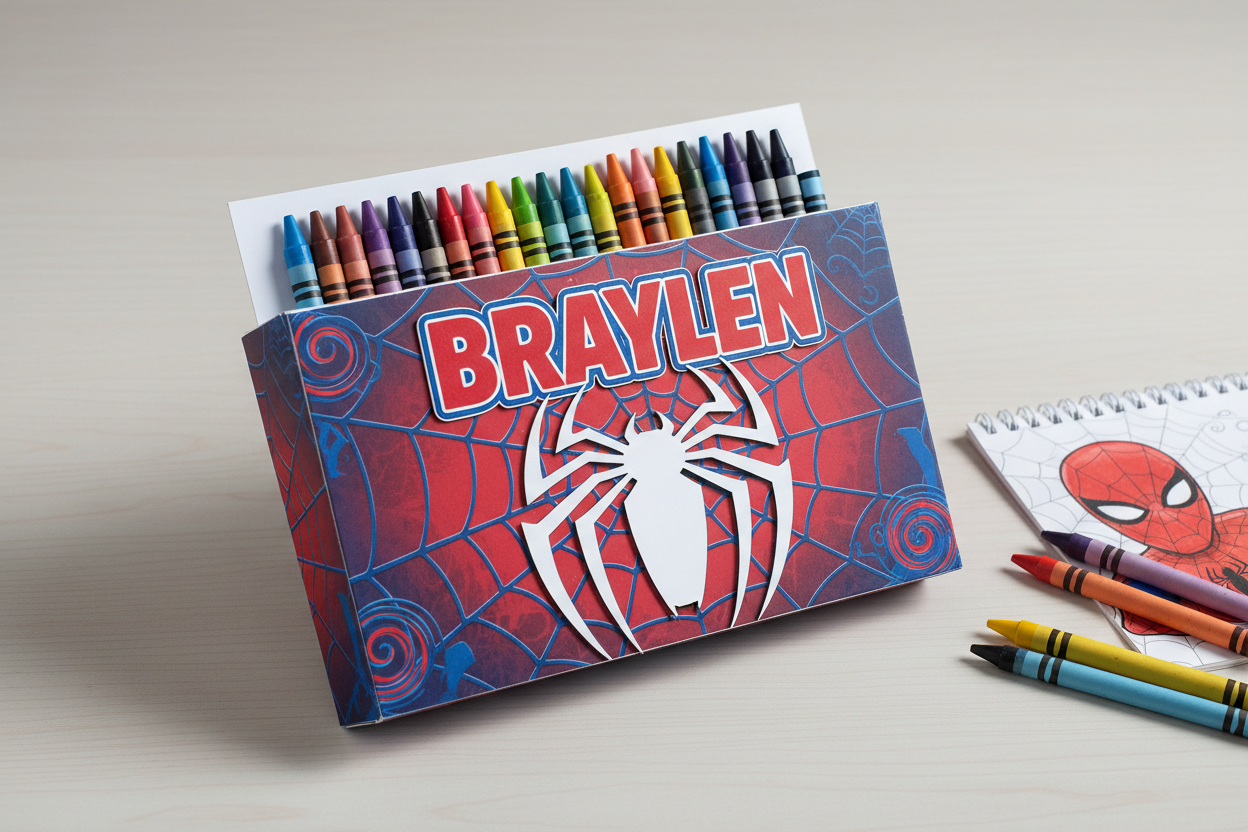 Personalized Spiderman-themed crayon box in red and blue web design for Braylen