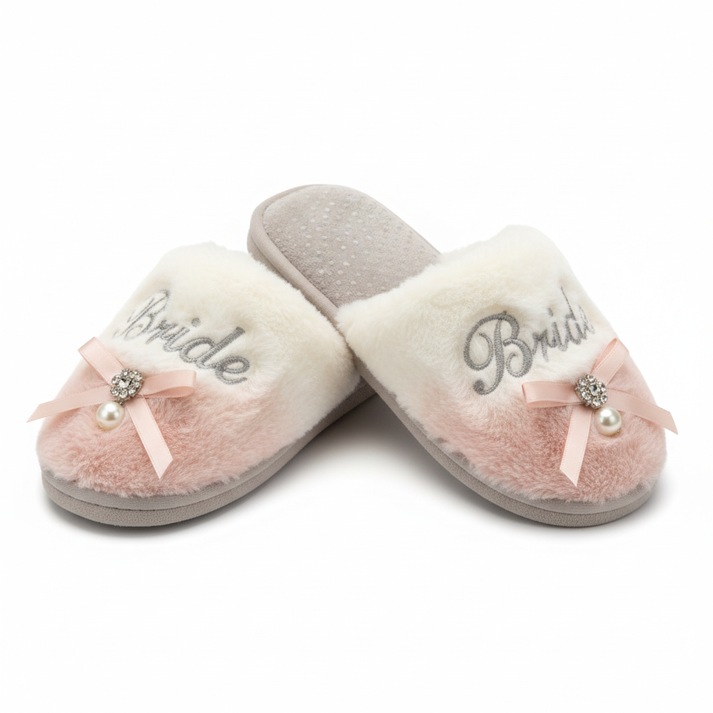 Custom Bride after-party slippers with plush faux fur and Bride embroidery in white and blush pink