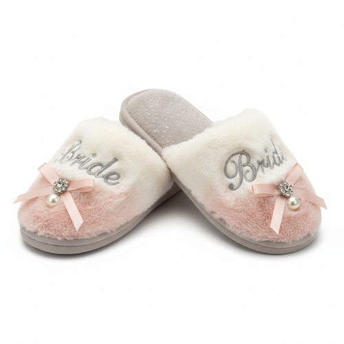 Custom Bride after-party slippers with plush faux fur and Bride embroidery in white and blush pink