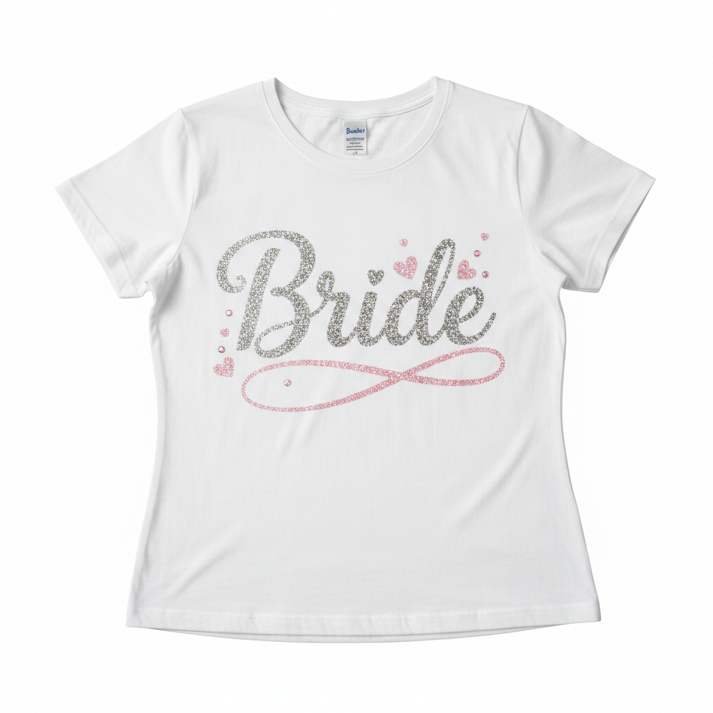 Custom white Bride graphic tee with rhinestone and glitter lettering