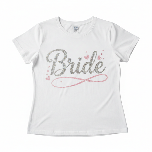 Custom white Bride graphic tee with rhinestone and glitter lettering