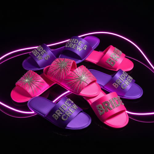 Bridal after party slippers in neon purple and hot pink with rhinestone embellishments