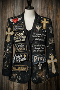 Custom junk blazer with faith-based patches, rhinestone embellishments and scripture quotes