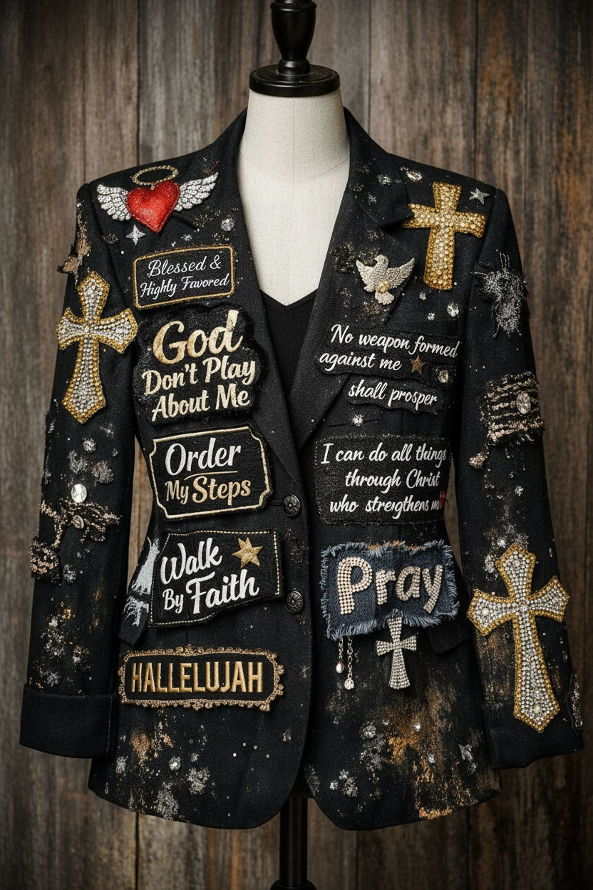 Custom junk blazer with faith-based patches, rhinestone embellishments and scripture quotes