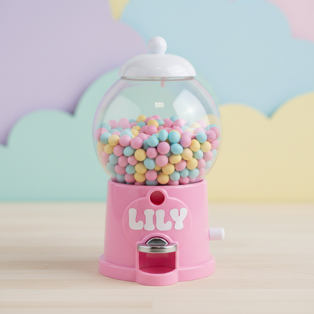 Custom gumball machine candy dish with vinyl name, soft pastel background