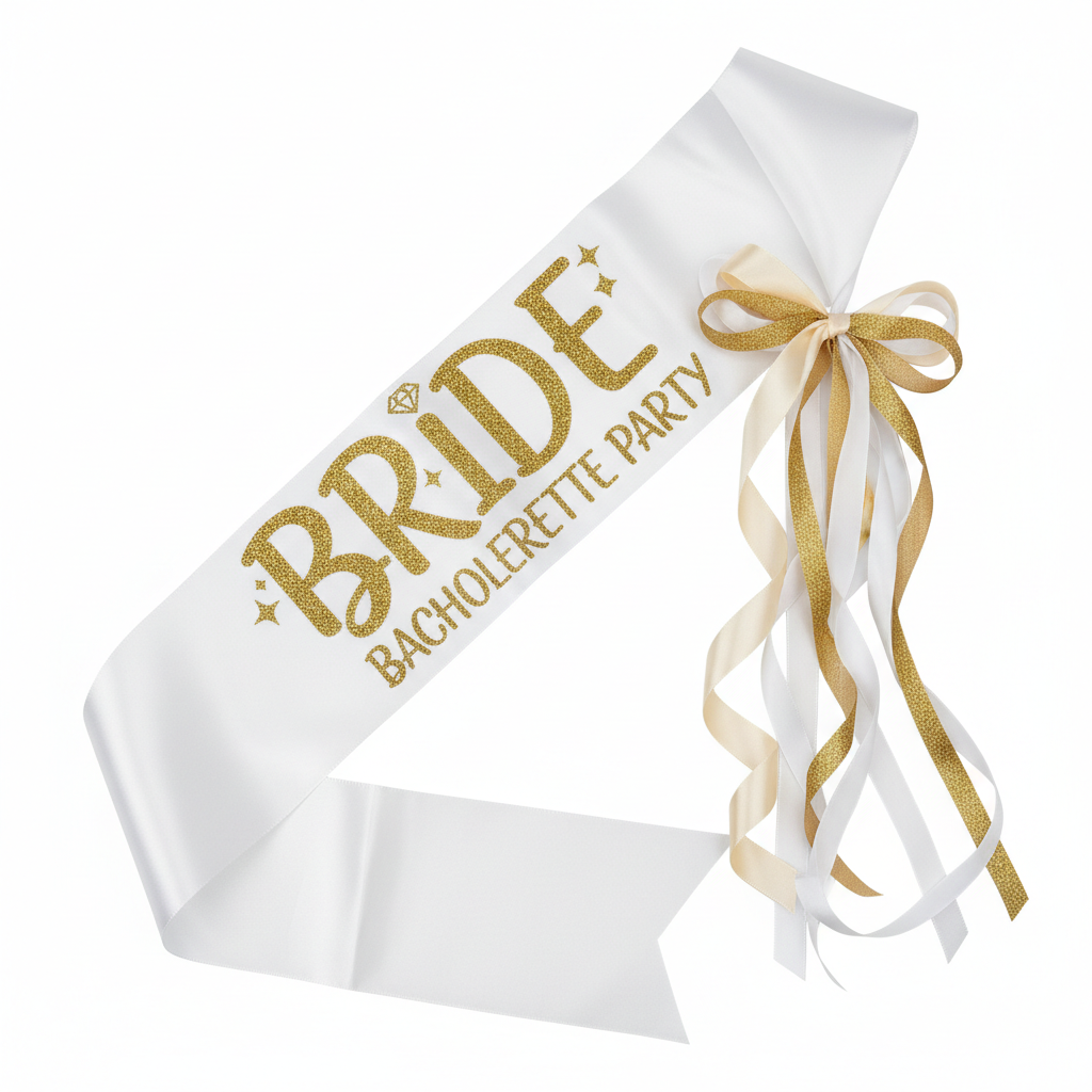 Satin Bride sash with gold glitter lettering in white and ivory