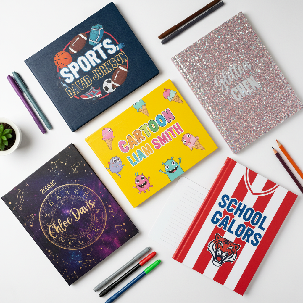 Personalized custom notebooks for students in multiple themes and colors