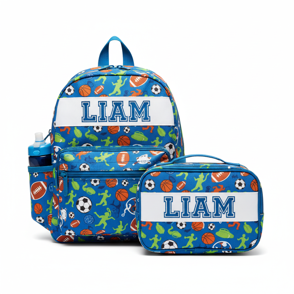 Personalized custom kids backpack and lunchbox matching set in multiple themes