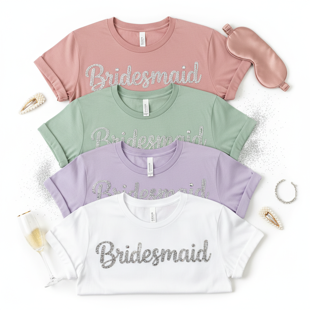 Custom bridesmaid graphic tee with rhinestone and glitter role title lettering in dusty rose, sage and lavender