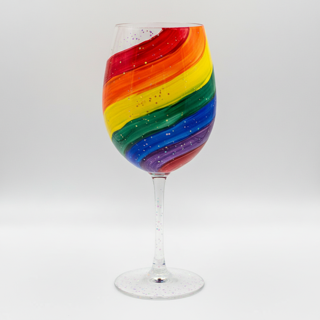 Handmade custom Pride wine glass with bold rainbow swirls and glitter accents