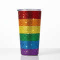 40oz stainless steel tumbler with full rainbow rhinestone and glitter wrap in all six Pride colors
