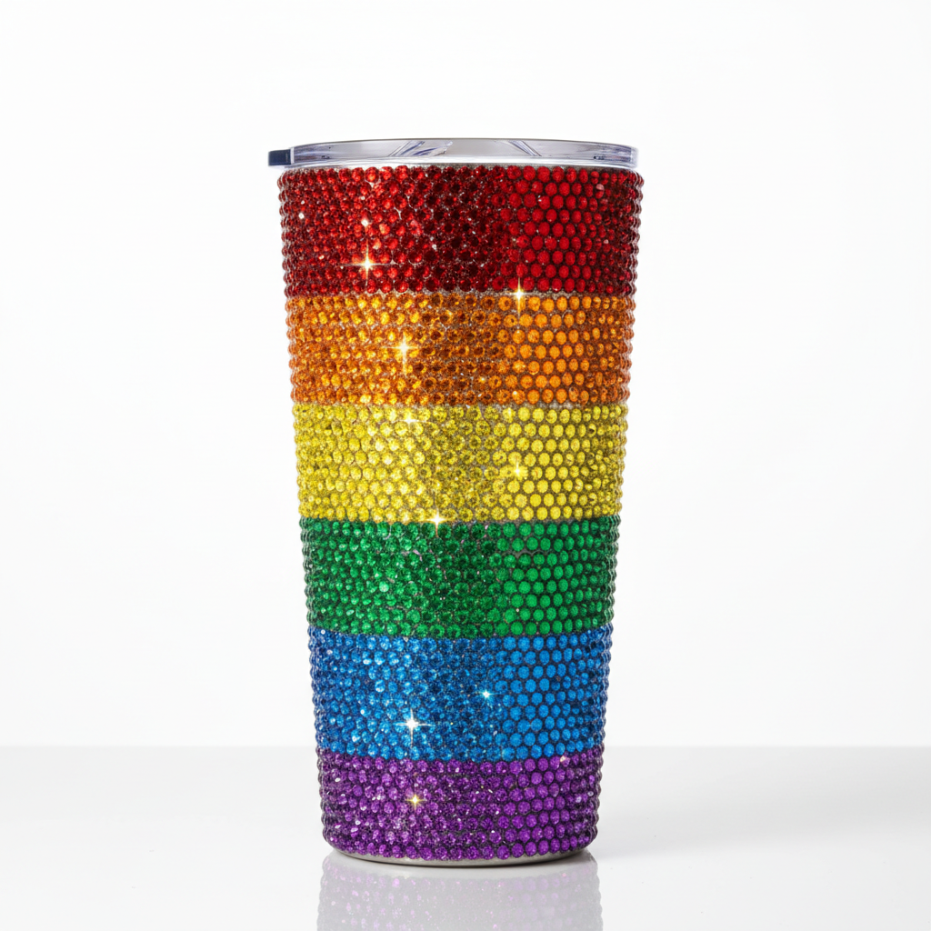 40oz stainless steel tumbler with full rainbow rhinestone and glitter wrap in all six Pride colors