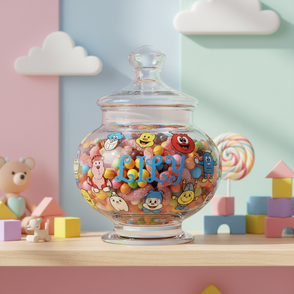Custom character candy dish with personalized vinyl name, soft pastel background