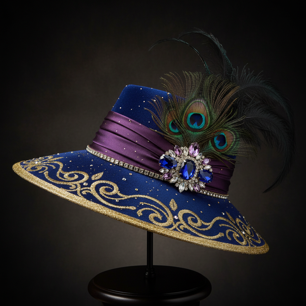 Elegant women's church fedora hat with feathers, rhinestones, and jewel tones
