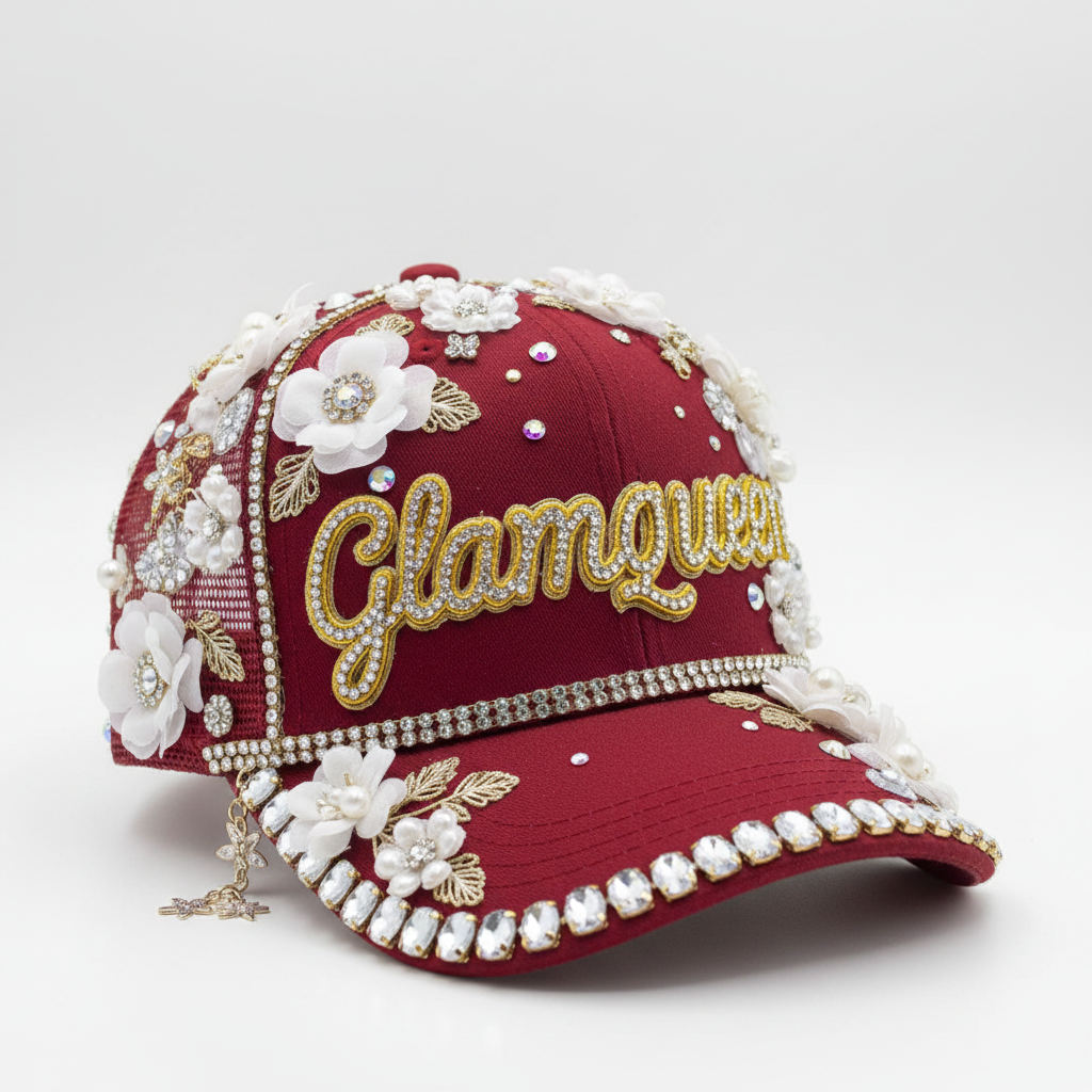 Custom junk hat in red with floral and rhinestone embellishments and gold script name