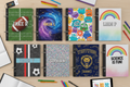 Personalized student binders in sports, zodiac, cartoon, glitter, and school-spirit themes with custom names
