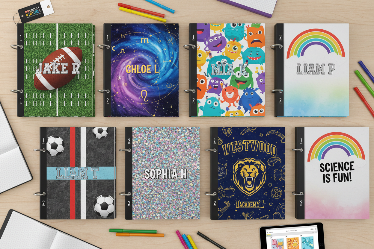 Personalized student binders in sports, zodiac, cartoon, glitter, and school-spirit themes with custom names